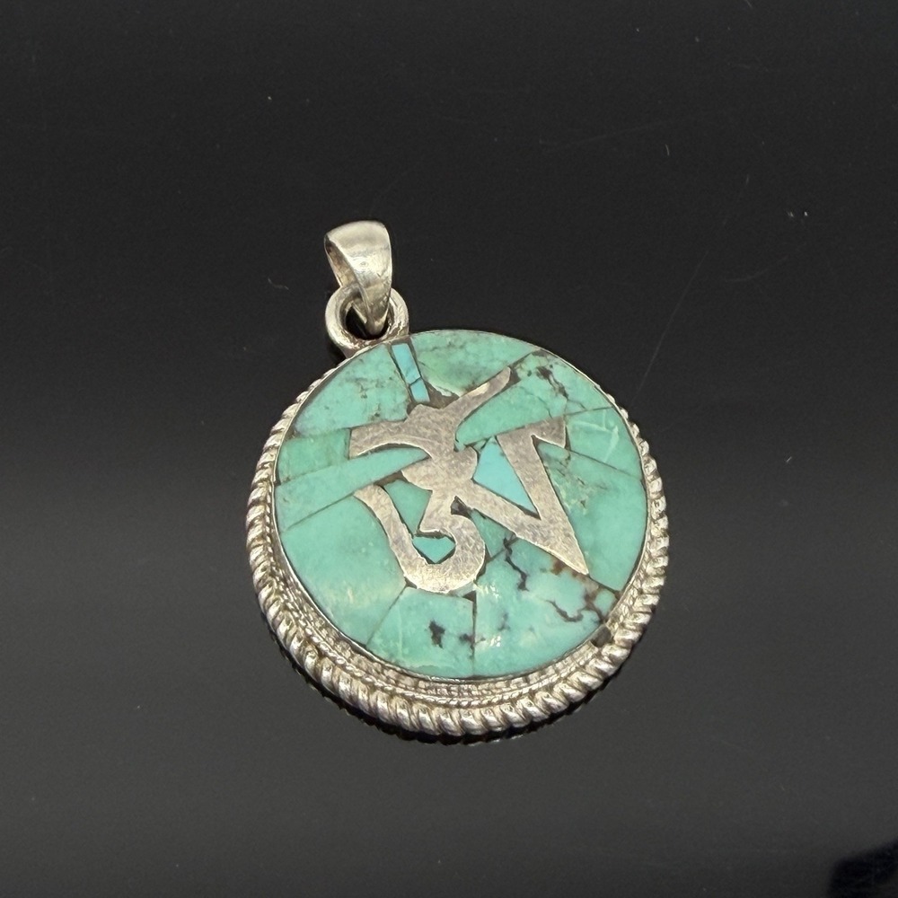 Vintage Sterling Silver Turquoise Inlay Om Pendant 925 Tibetan Spiritual Amulet
